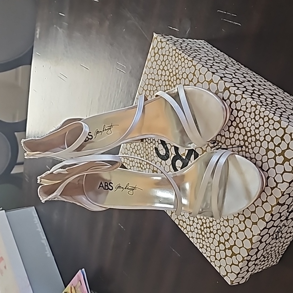 ABS Allen Schwartz white satin and crystal back 6 inch heels. Worn 3 times.